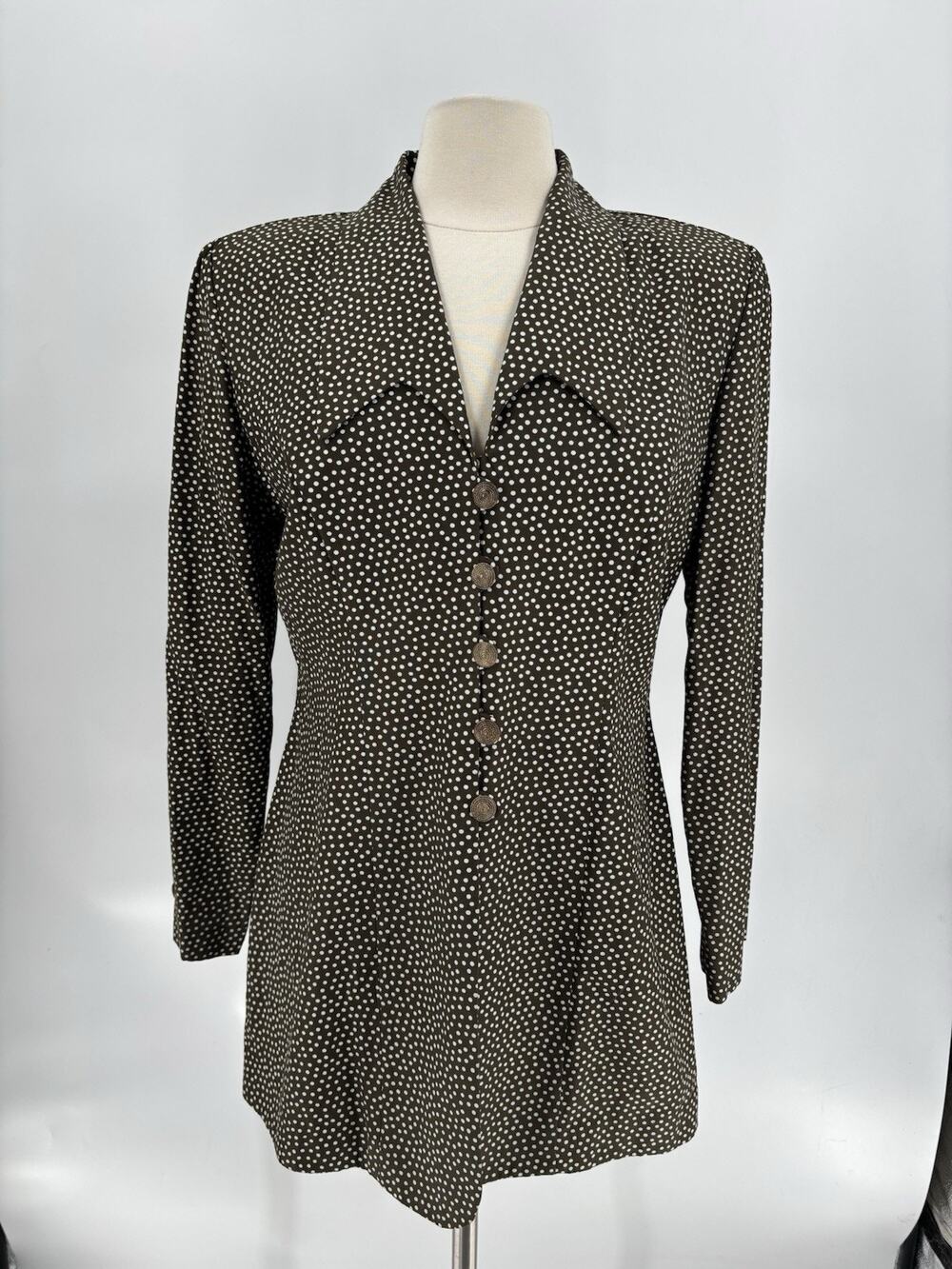 Vintage Kwai Blazer Jacket Womens 14 Brown Polka Dot Longline 80s Button Collar